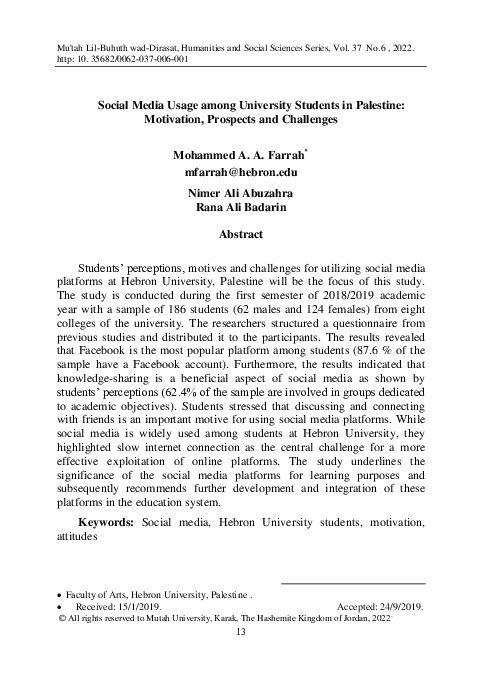 (PDF) Social Media Usage among University Students in Palestine ...