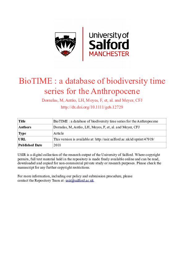 (PDF) BioTIME: A database of biodiversity time series for the Anthropocene