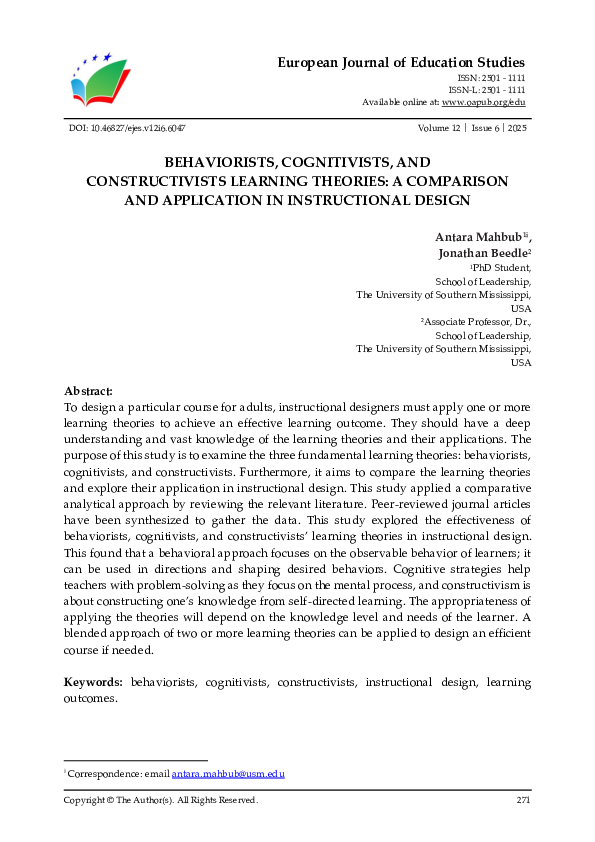 (PDF) Behaviorists, Cognitivists, and Constructivists Learning Theories ...