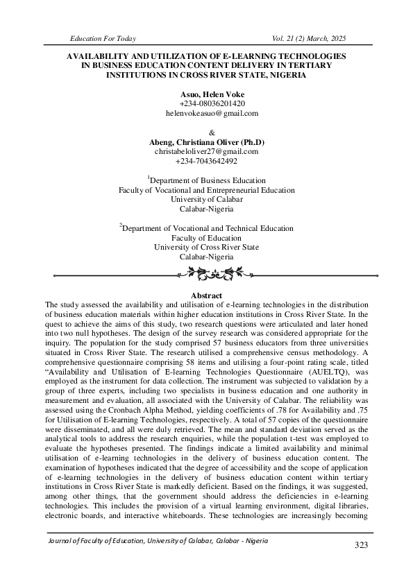 (PDF) AVAILABILITY AND UTILIZATION OF E LEARNING TECHNOLOGIES IN BUSINESS