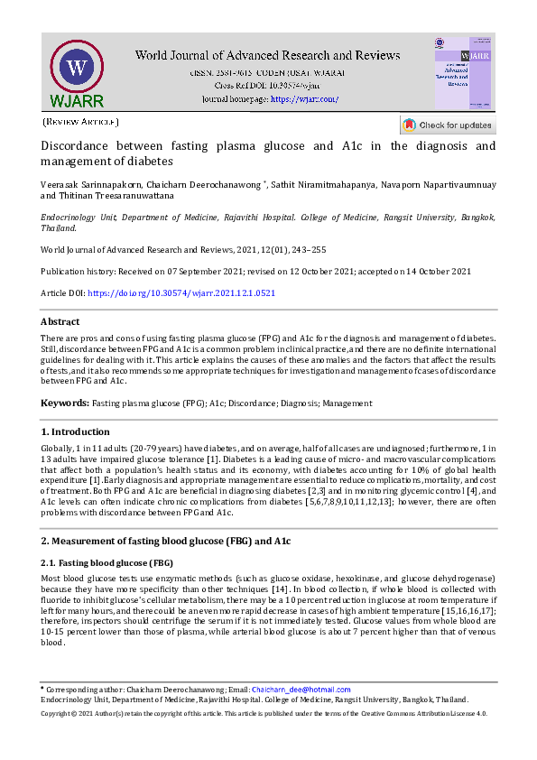 (PDF) Discordance between fasting plasma glucose and A1c in the ...