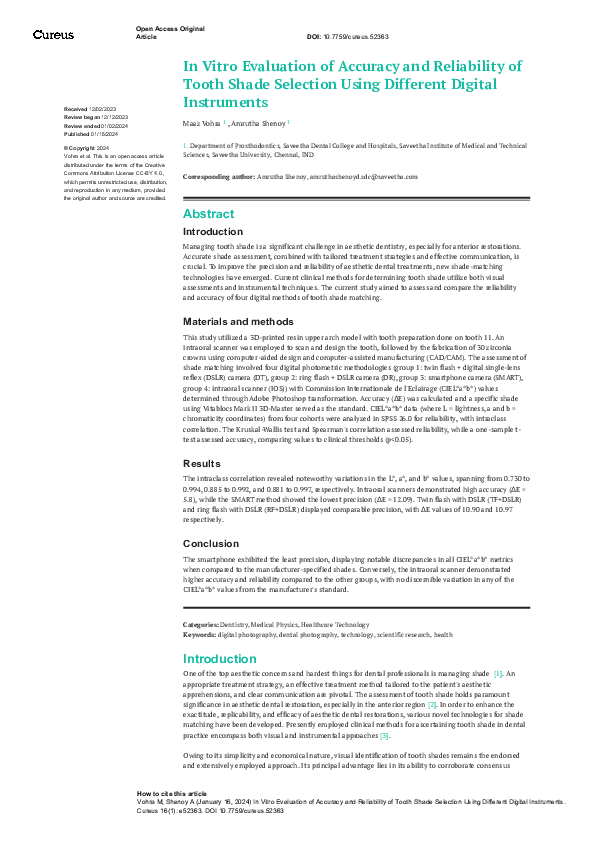 (PDF) In Vitro Evaluation of Accuracy and Reliability of Tooth Shade ...