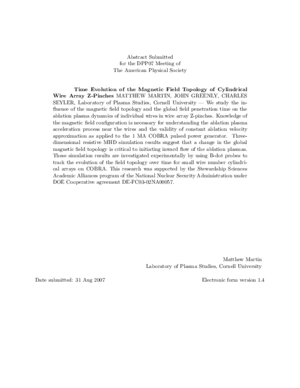 (PDF) Time Evolution of the Magnetic Field Topology of Cylindrical Wire ...