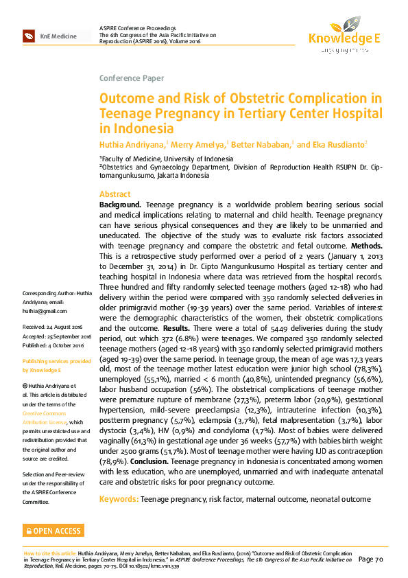 (PDF) Outcome and Risk of Obstetric Complication in Teenage Pregnancy ...