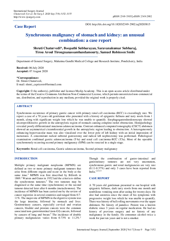 (PDF) Synchronous malignancy of stomach and kidney: an unusual ...