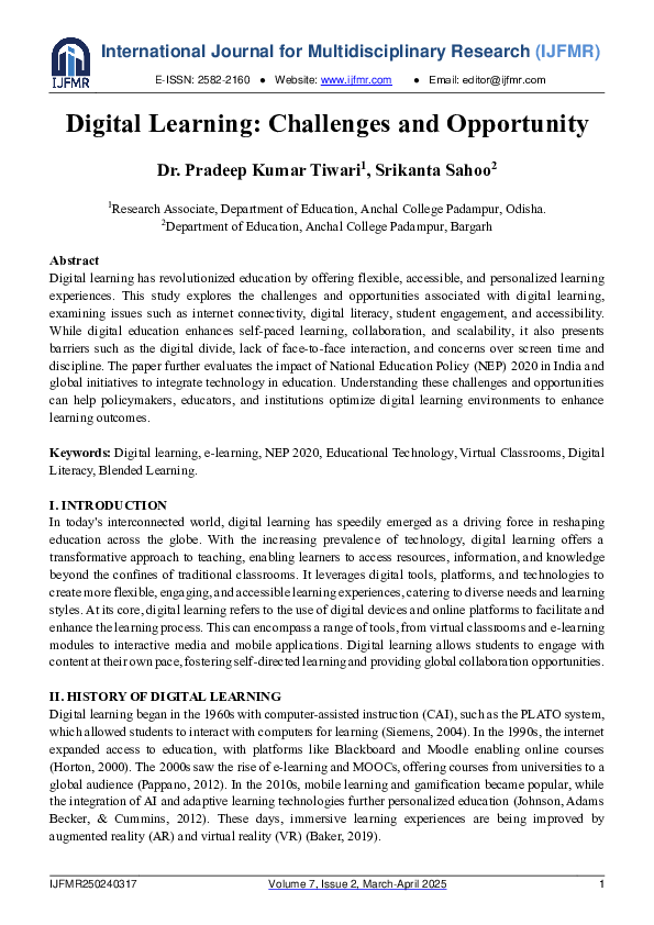 (PDF) Digital Learning: Challenges and Opportunity