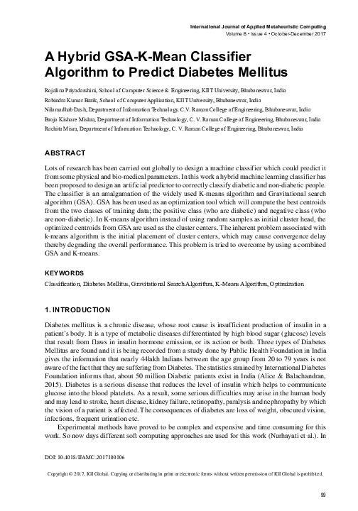 (PDF) A Hybrid GSA-K-Mean Classifier Algorithm to Predict Diabetes Mellitus