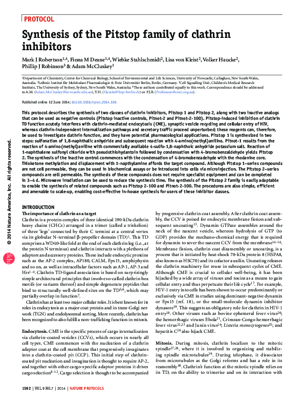 (PDF) Synthesis of the Pitstop family of clathrin inhibitors
