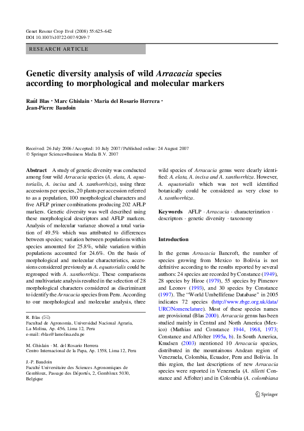 (PDF) Genetic diversity analysis of wild Arracacia species according to ...