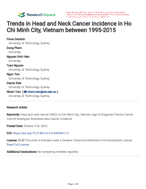 (PDF) Trends in Head and Neck Cancer incidence in Ho Chi Minh City ...