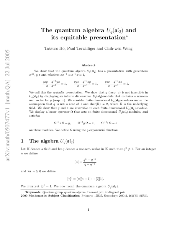 (PDF) The quantum algebra $U_q(sl_2)$ and its equitable presentation