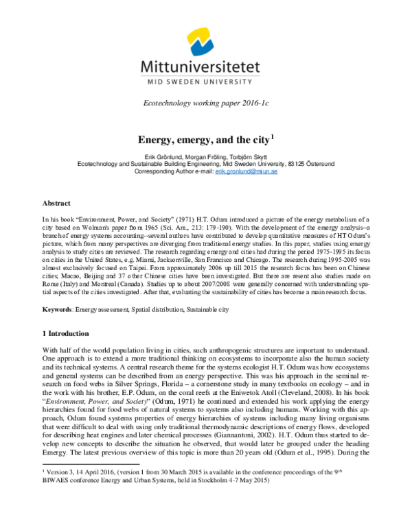 (PDF) Energy, Emergy and the City