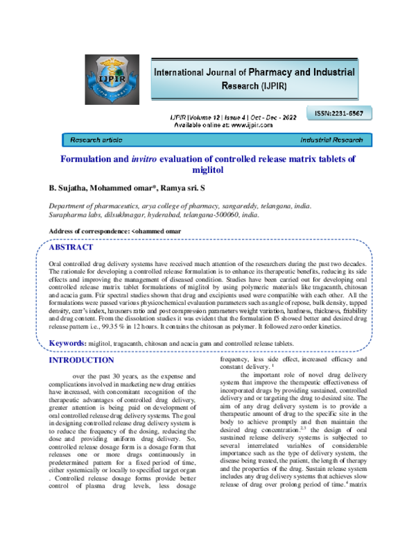 (PDF) Formulation and invitro evaluation of controlled release matrix ...