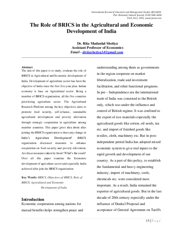 (PDF) The Role of BRICS in the Agricultural and Economic Development of ...