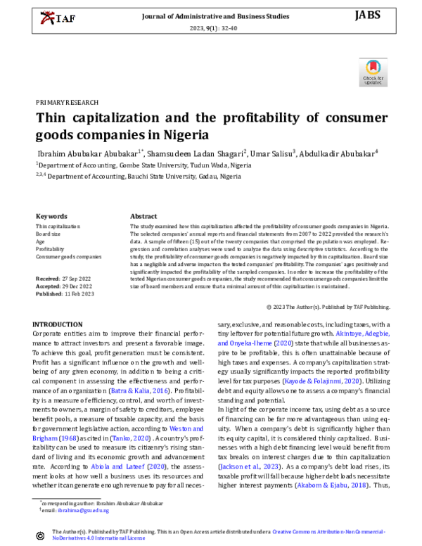 (PDF) Thin capitalization and the profitability of consumer goods ...