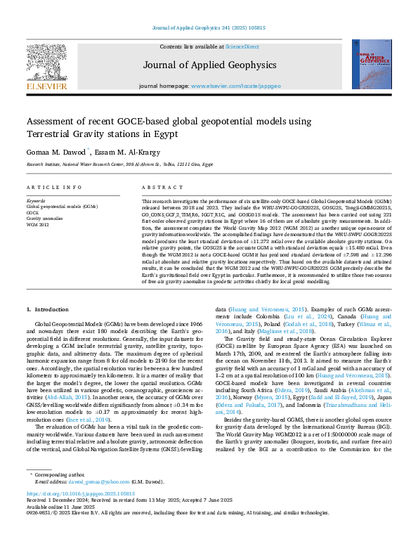 (PDF) Assessment of recent GOCE-based global geopotential models using ...