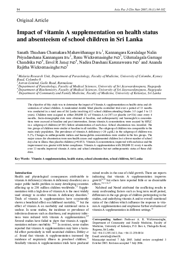 (PDF) Impact of vitamin A supplementation on health status and ...