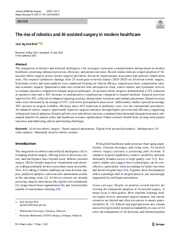 (PDF) The rise of robotics and AI-assisted surgery in modern healthcare