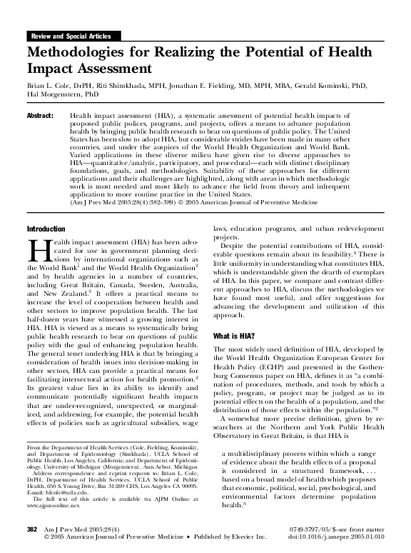 (PDF) Methodologies for realizing the potential of health impact assessment