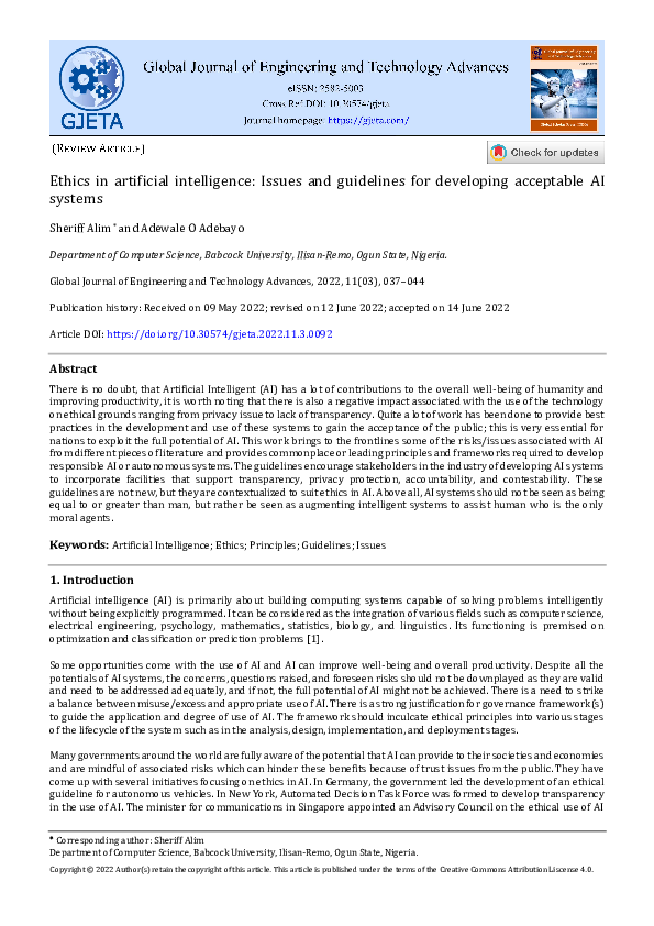 (PDF) Ethics in artificial intelligence: Issues and guidelines for ...