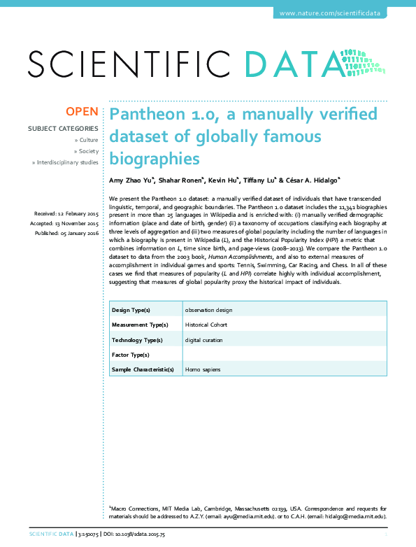 (PDF) Pantheon 1.0, a manually verified dataset of globally famous ...