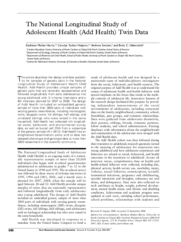 (PDF) The National Longitudinal Study of Adolescent Health (Add Health ...