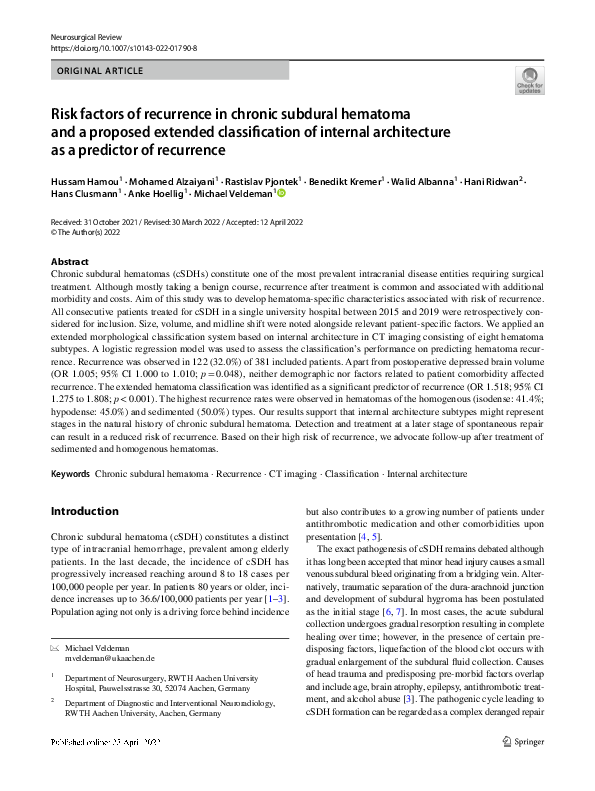 (PDF) Risk factors of recurrence in chronic subdural hematoma and a ...