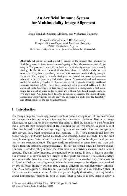 (PDF) An Artificial Immune System for Multimodality Image Alignment