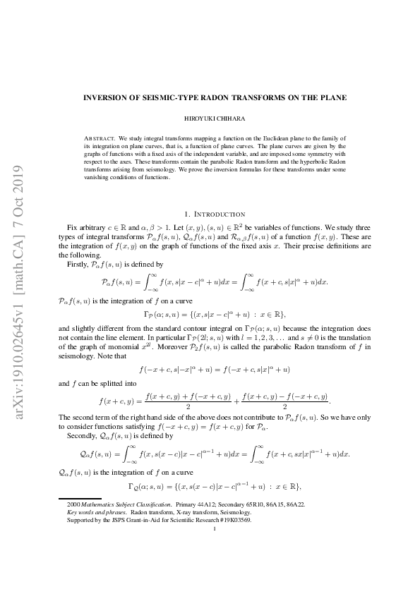 (PDF) Inversion of seismic-type Radon transforms on the plane
