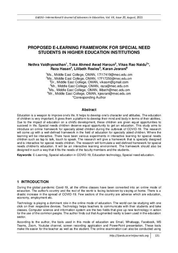 (PDF) Proposed E-Learning Framework for Special Need Students in Higher ...