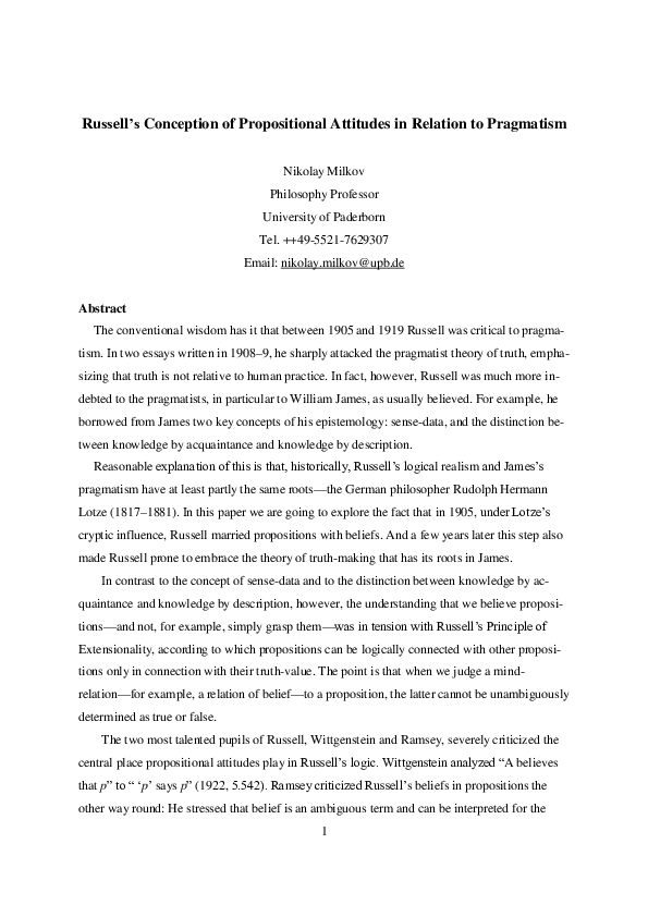(PDF) Russell’s Conception of Propositional Attitudes in Relation to ...