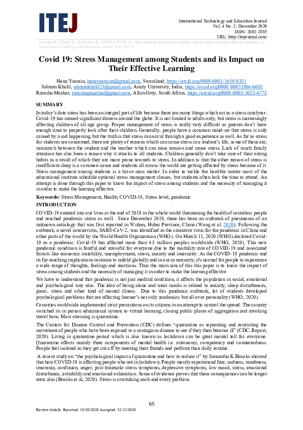 (PDF) COVID 19: Stress Management among Students and Its Impact on ...