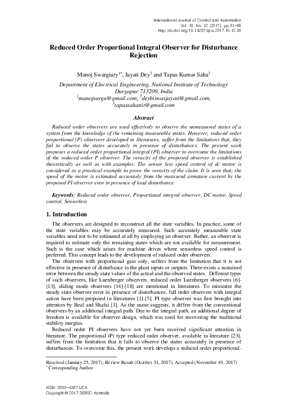 (PDF) Reduced order proportional integral observer with application