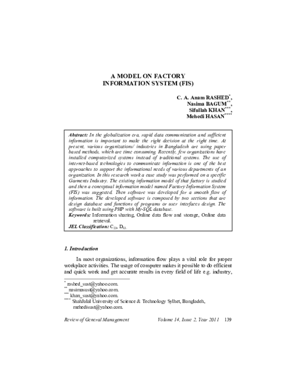 (PDF) A Model On Factory Information System (Fis)