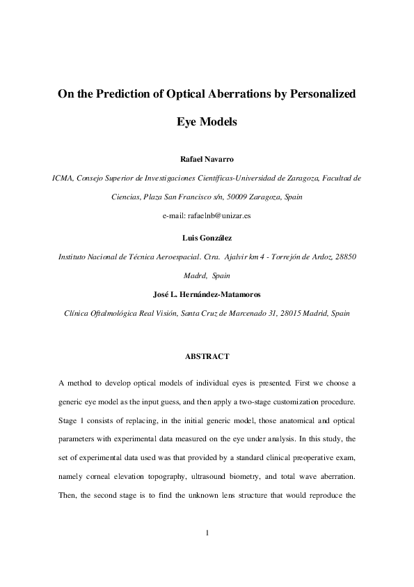 (PDF) On the Prediction of Optical Aberrations by Personalized Eye Models