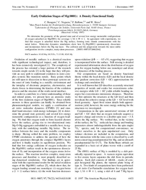 (PDF) Early Oxidation Stages of Mg(0001): A Density Functional Study