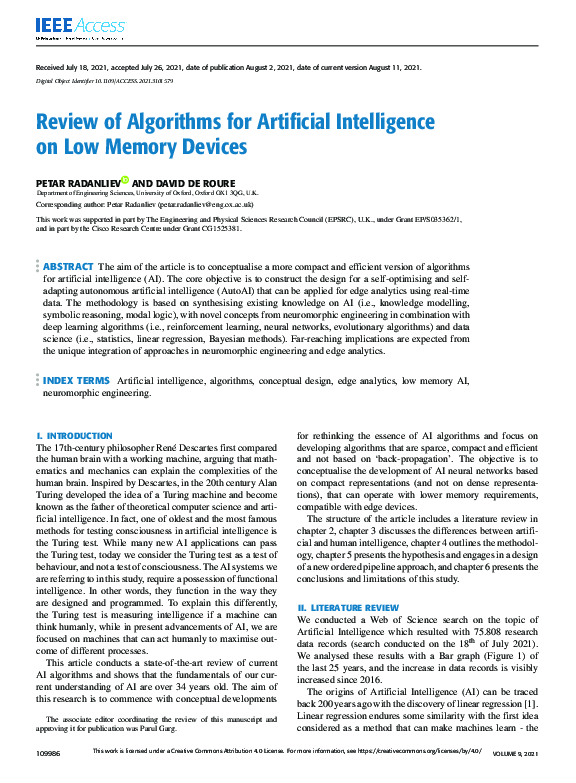 (PDF) Review of Algorithms for Artificial Intelligence on Low Memory ...
