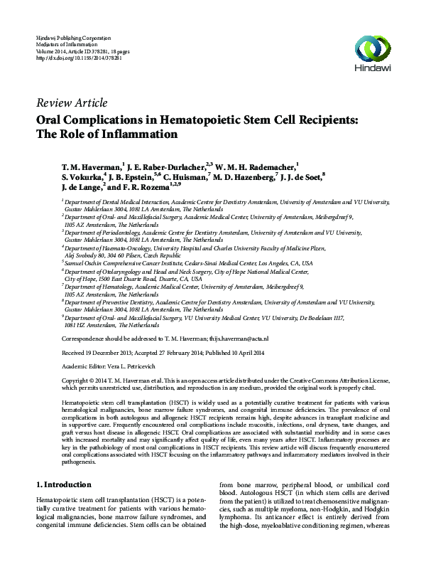 (PDF) Oral Complications in Hematopoietic Stem Cell Recipients: The ...
