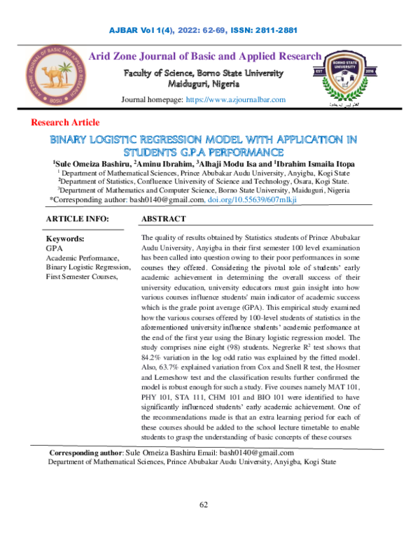 (PDF) Binary Logistic Regression Model with Application in Students G.P ...