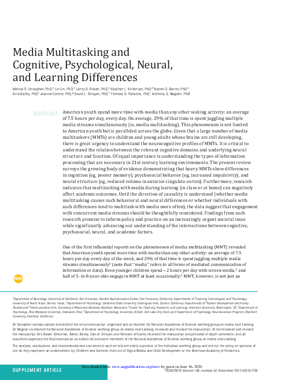 (PDF) Media Multitasking and Cognitive, Psychological, Neural, and ...