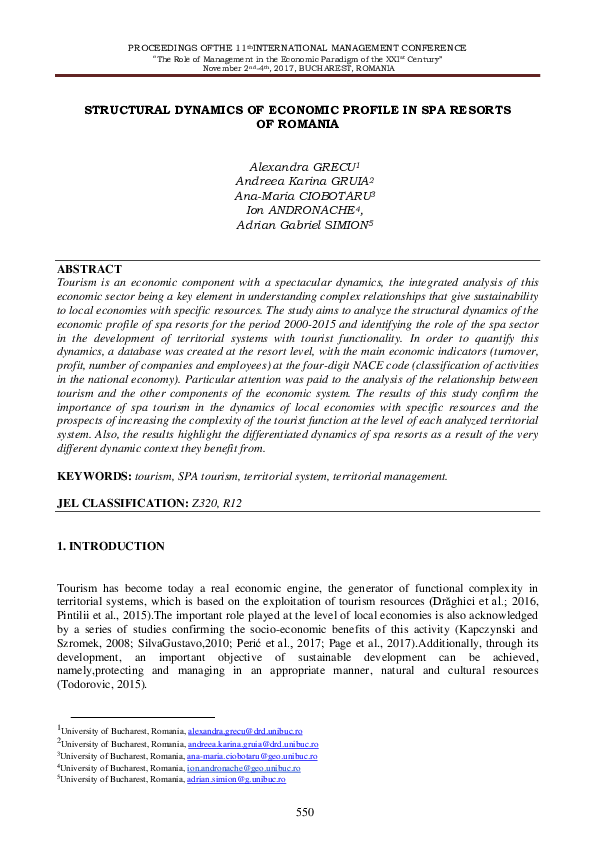 (PDF) Structural Dynamics Of Economic Profile In Spa Resorts Of Romania