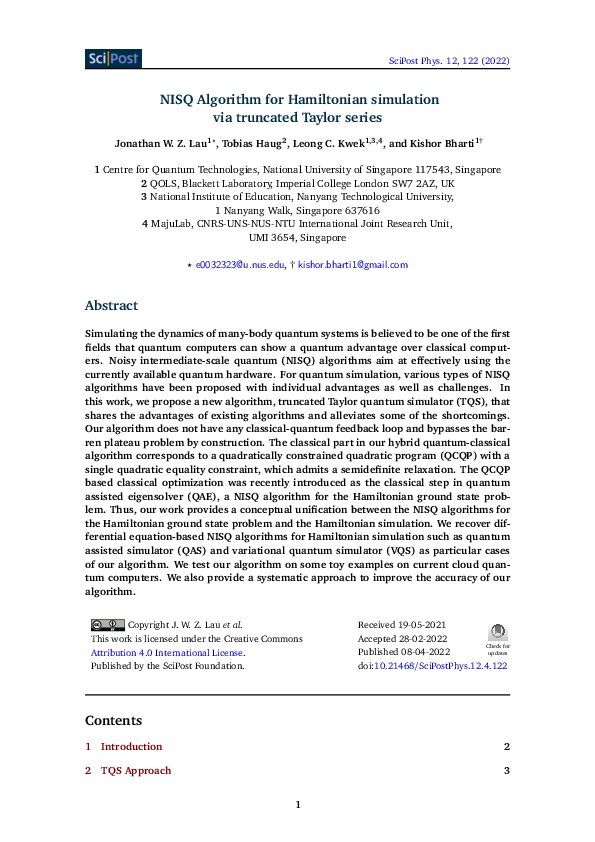 (PDF) NISQ Algorithm for Hamiltonian simulation via truncated Taylor series