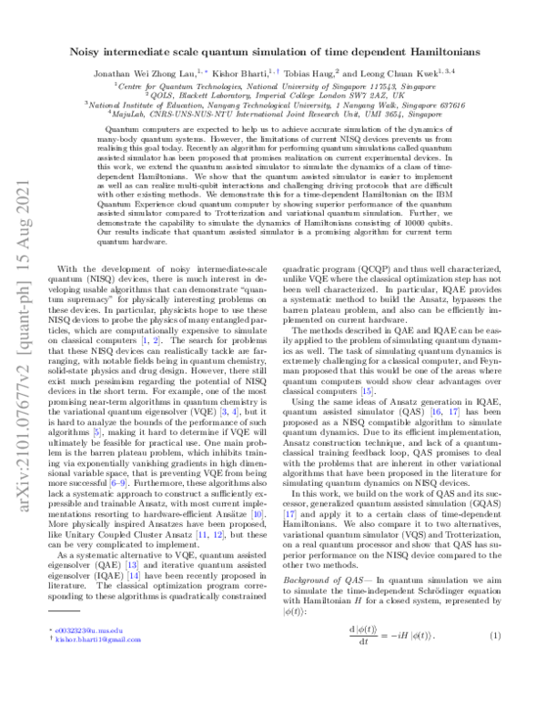 (PDF) Noisy intermediate scale quantum simulation of time dependent ...