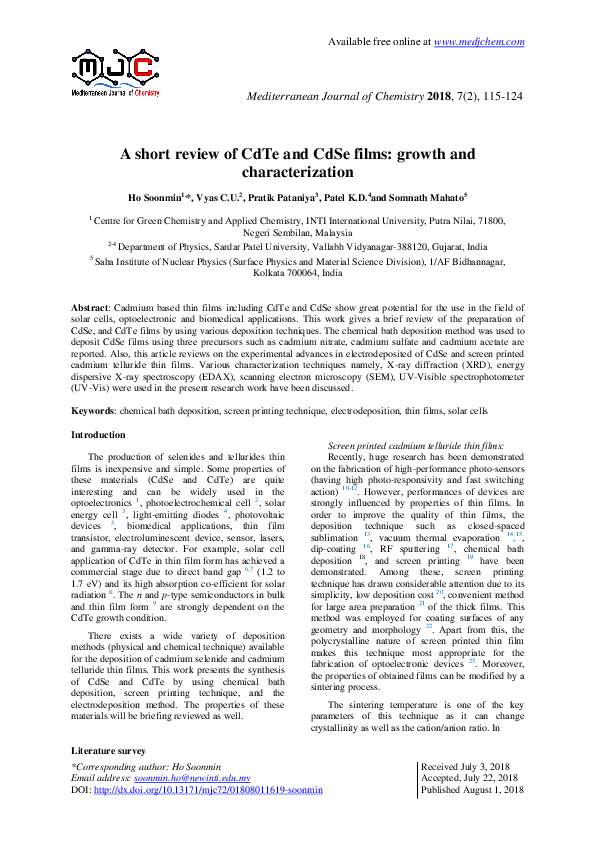 (PDF) A short review of CdTe and CdSe films: growth and characterization