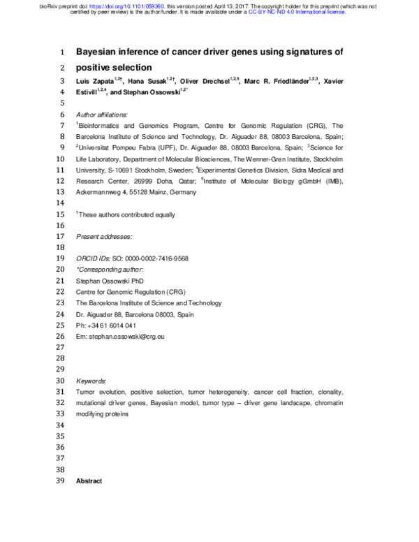 (PDF) Bayesian Inference Of Cancer Driver Genes Using Signatures Of ...