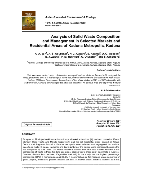 (PDF) Analysis of Solid Waste Composition and Management in Selected ...
