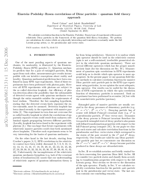 (PDF) Einstein-Podolsky-Rosen correlations of Dirac particles: Quantum ...
