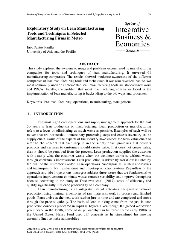 (PDF) Exploratory Study on Lean Manufacturing Tools and Techniques in ...