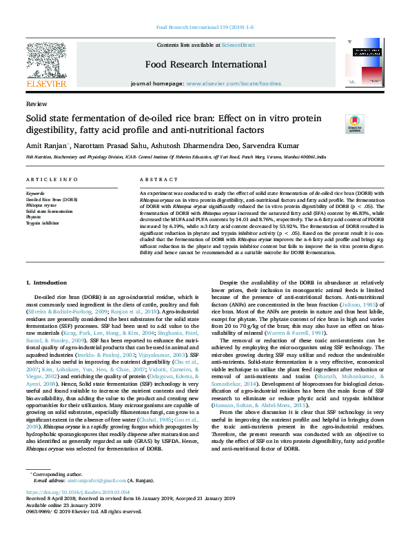 (PDF) Solid state fermentation of de-oiled rice bran: Effect on in ...