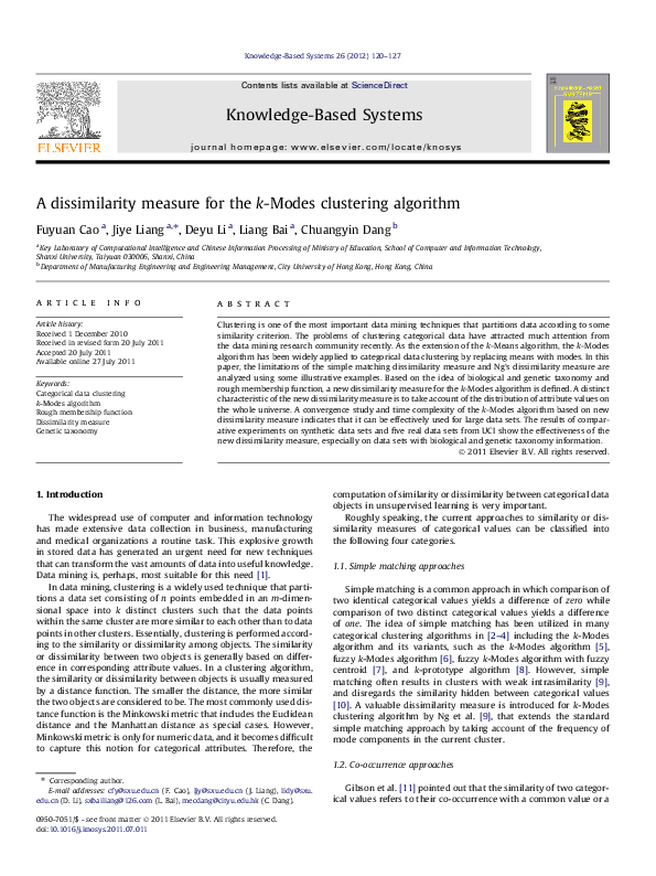 (PDF) A dissimilarity measure for the k-Modes clustering algorithm